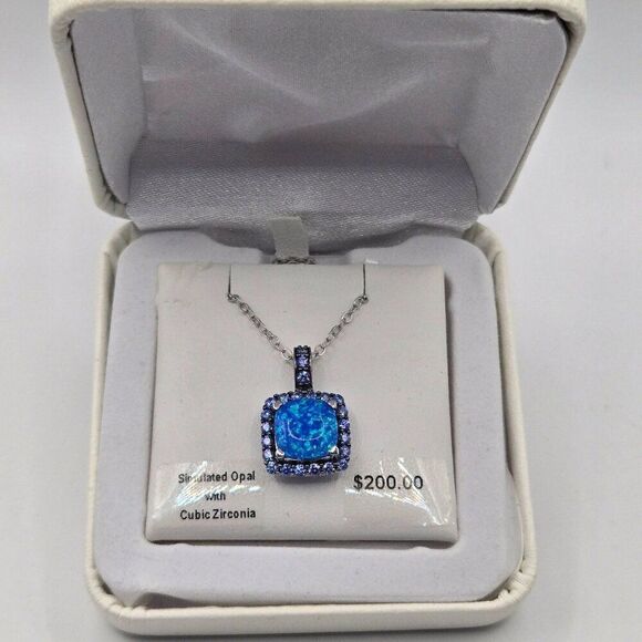 New Simulated Opal Cubic Zirconia Pendant Necklace Sterling Silver Chain - Picture 1 of 4